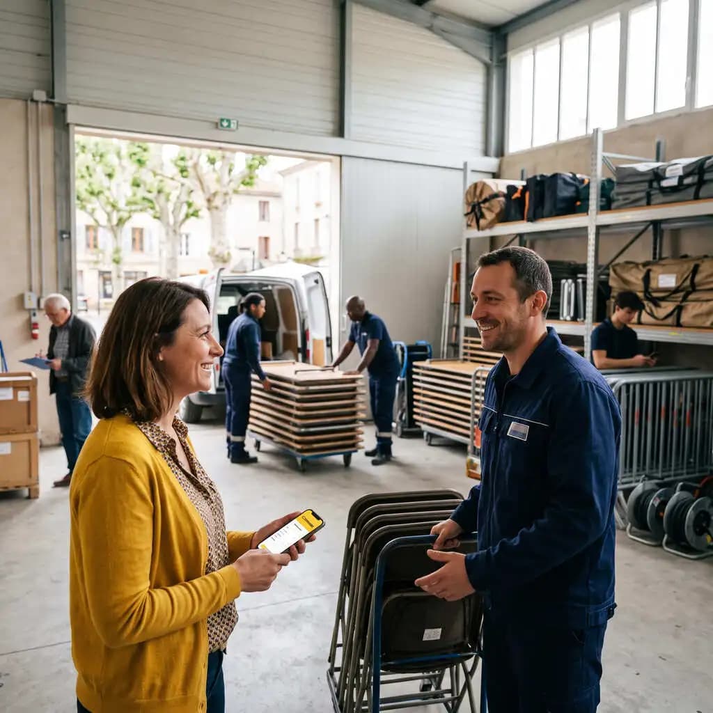 Une agente d'une commune voisine récupère des chaises réservées sur Communo auprès d'un technicien des services techniques municipaux